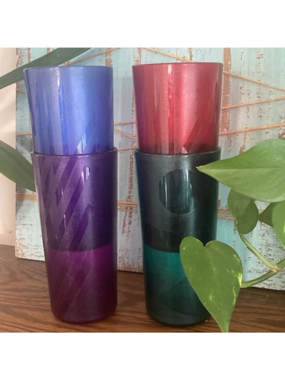 Tupperware Acrylic 4 Tumbler Cups Jewel Tone Jazzy Geometric 14oz.